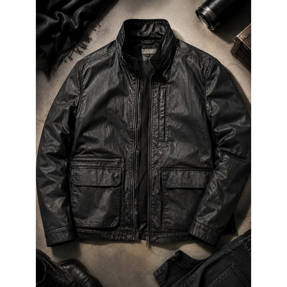 John Varvatos Black Utility Moto Jacket Mens 52 XL Coated Waxed Full Zip